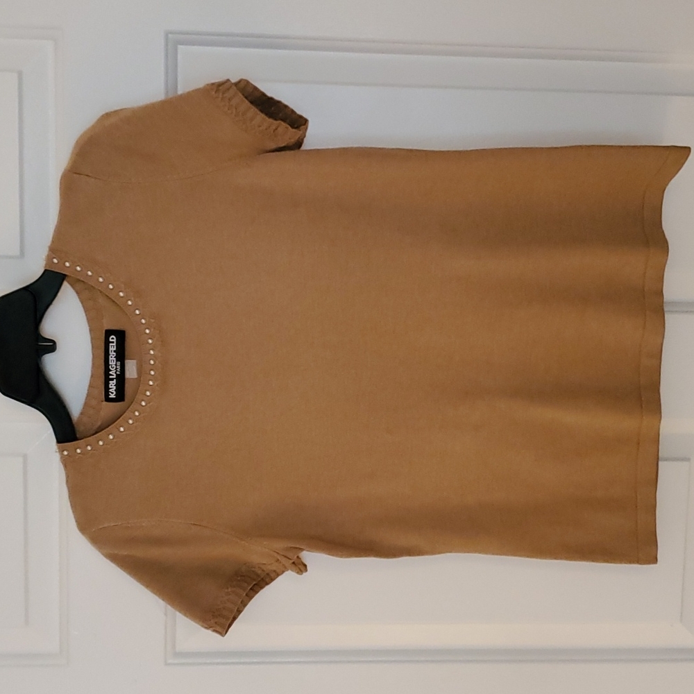 Karl Lagerfeld Pearl Studded Short Sleeve Sweater Size Small